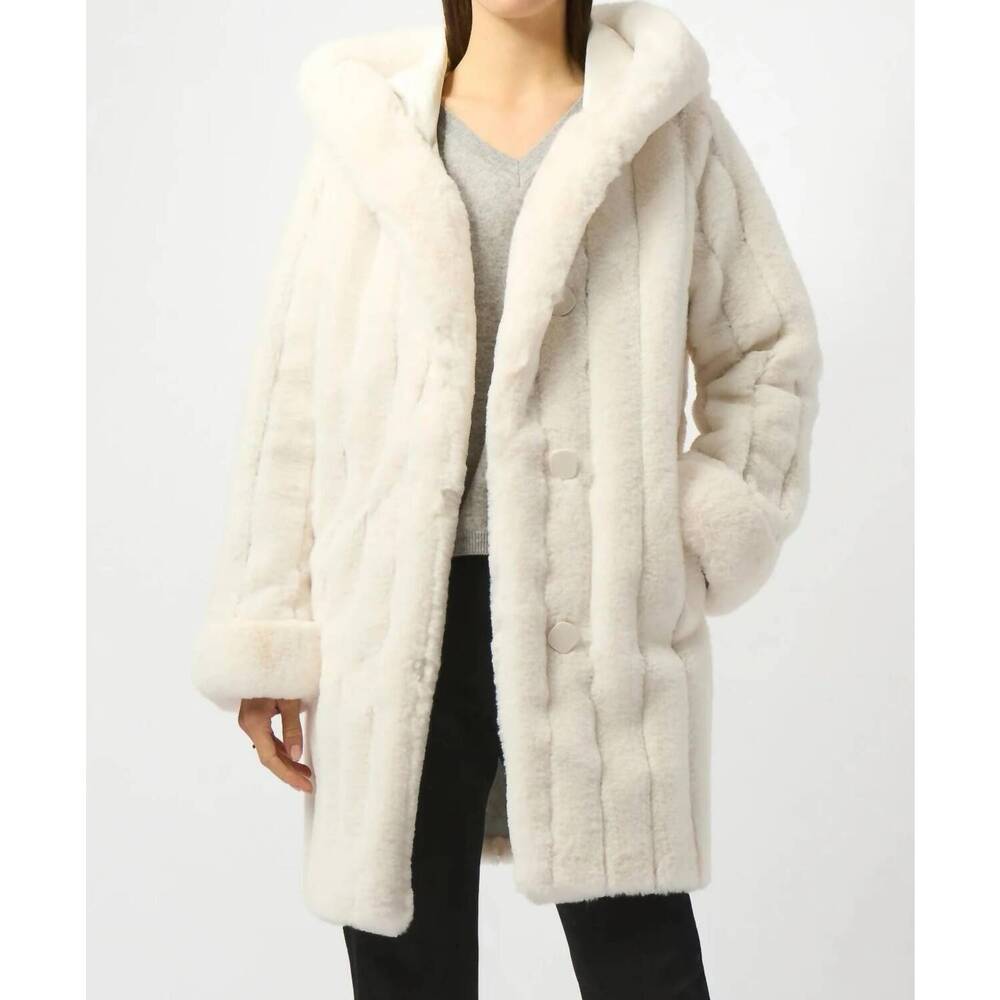 NEW JOSEPH RIBKOFF hooded reversible faux fur coat in vanilla